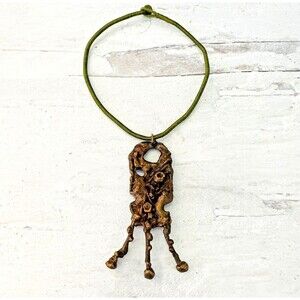 Vintage Massive Size Modernist Brutalist Bronze Copper Brass Pendant Necklace